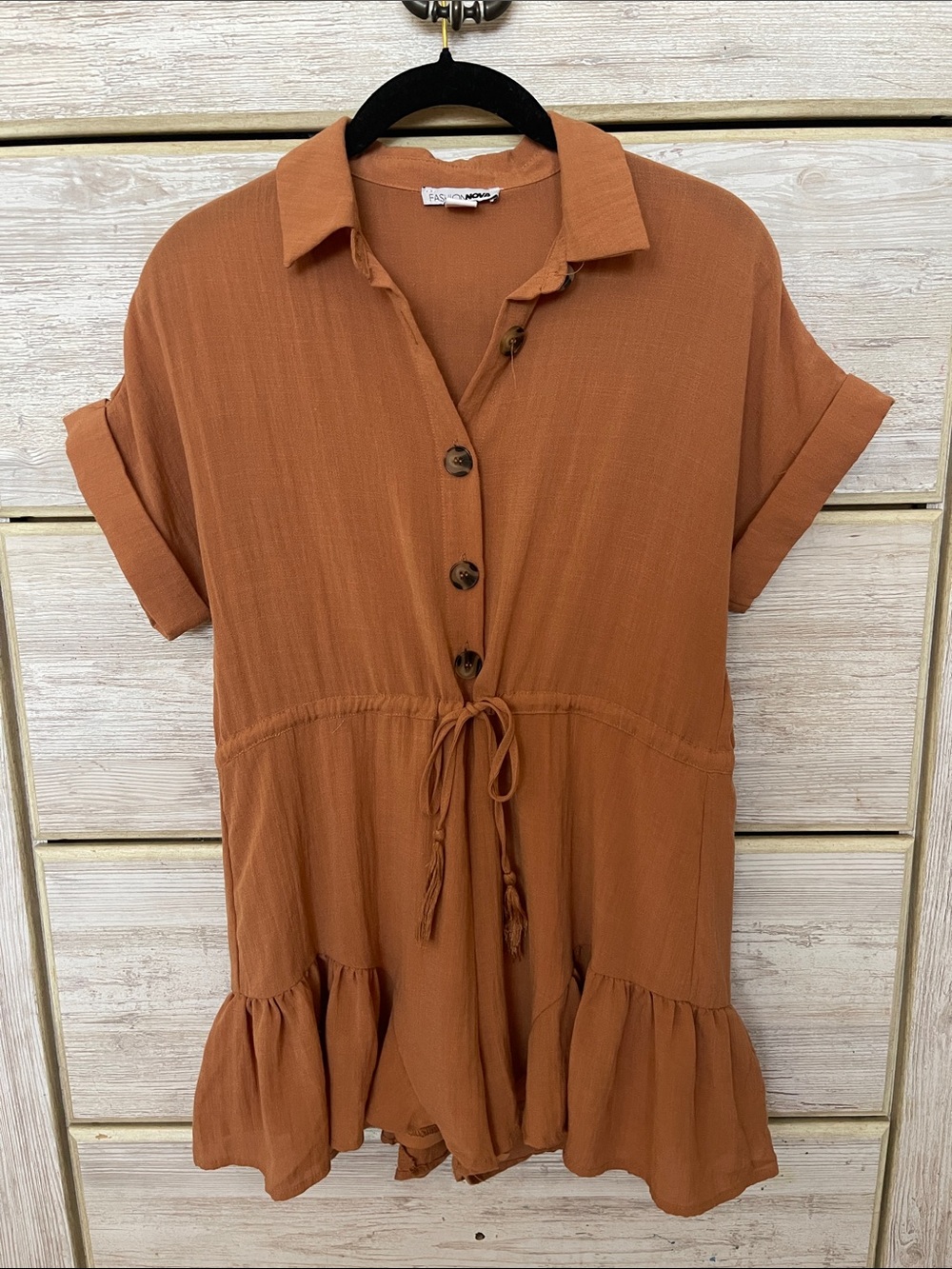 Women's Rust Short Sleeve Button Romper with drawstring